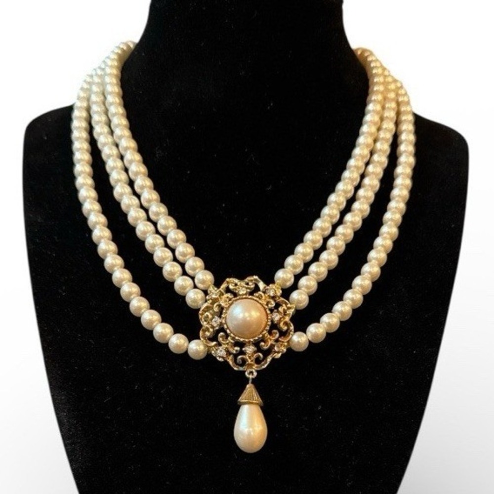 Three Strand Faux Pearl Statement Necklace with Gold Tone Medallion
